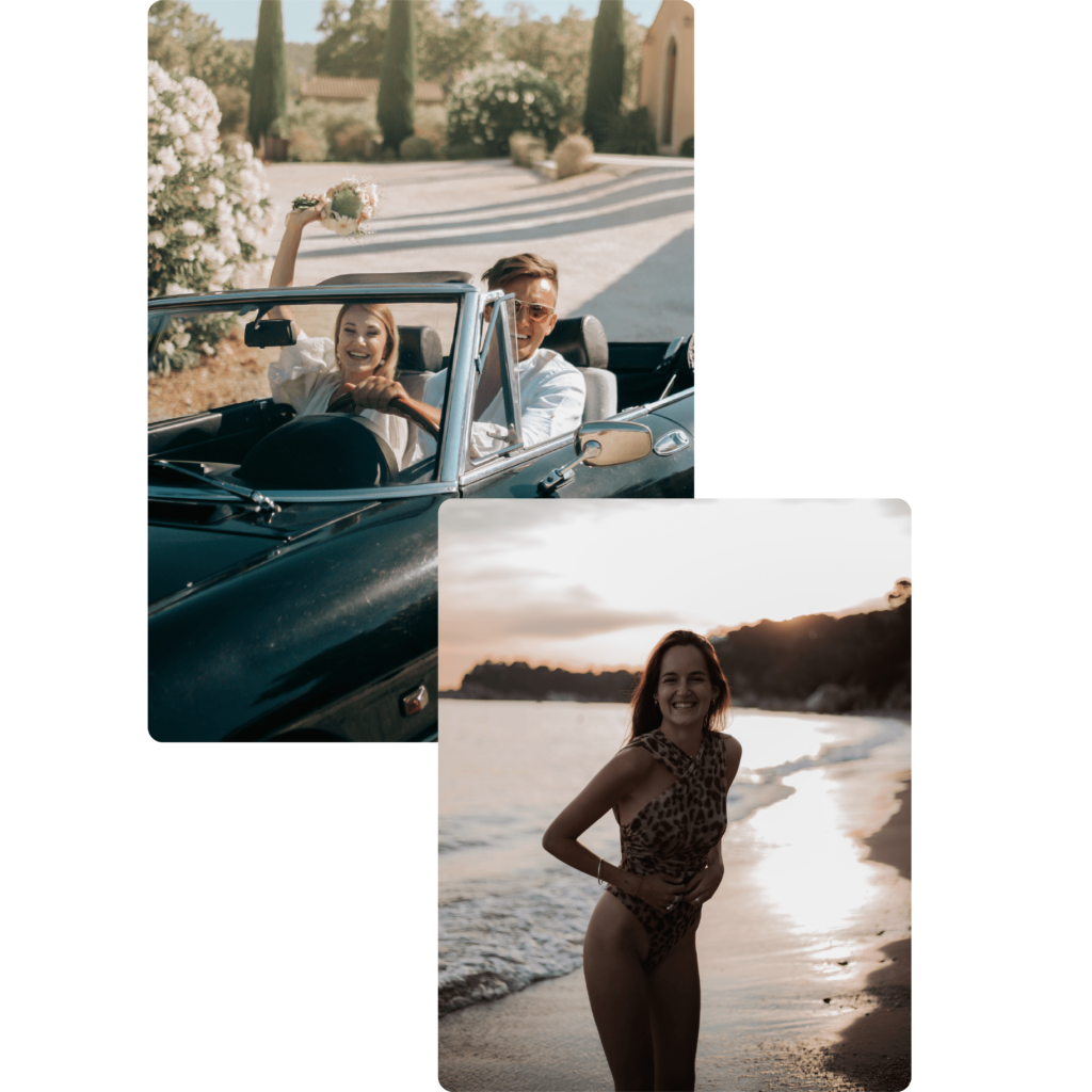 Photographe mariage en Provence - jeune mariés en voiture décapotable et portrait en bord de mer