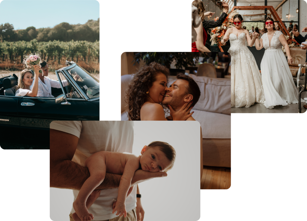 Jeunes mariés quittant leur cérémonie dans une voiture décapotable, capturés par une photographe de mariage professionnelle.